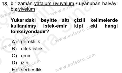 XIV-XV. Yüzyıllar Türk Dili Dersi 2018 - 2019 Yılı (Vize) Ara Sınavı 18. Soru