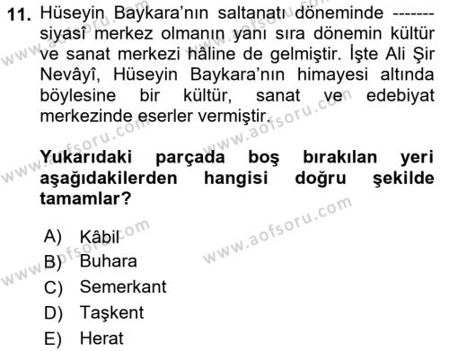 XIV-XV. Yüzyıllar Türk Dili Dersi 2018 - 2019 Yılı (Final) Dönem Sonu Sınavı 11. Soru