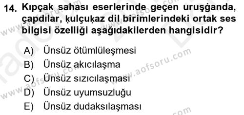 XIV-XV. Yüzyıllar Türk Dili Dersi 2018 - 2019 Yılı (Final) Dönem Sonu Sınavı 14. Soru