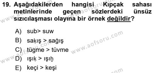 XIV-XV. Yüzyıllar Türk Dili Dersi 2018 - 2019 Yılı (Final) Dönem Sonu Sınavı 19. Soru