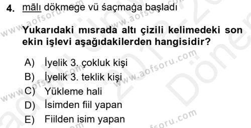 XIV-XV. Yüzyıllar Türk Dili Dersi 2018 - 2019 Yılı (Final) Dönem Sonu Sınavı 4. Soru