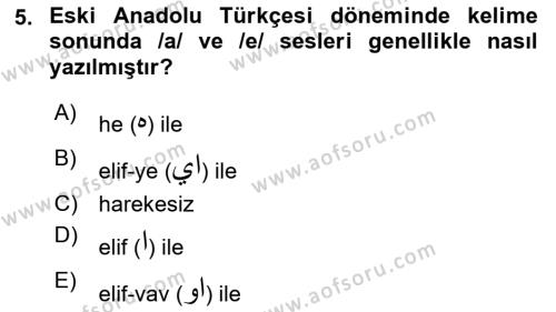 XIV-XV. Yüzyıllar Türk Dili Dersi 2018 - 2019 Yılı (Final) Dönem Sonu Sınavı 5. Soru