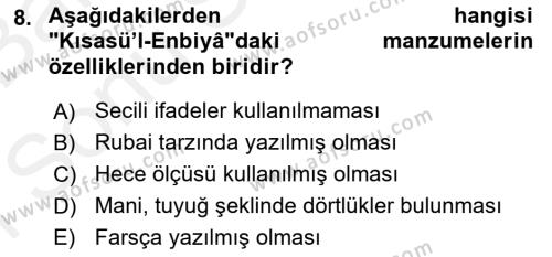 XIV-XV. Yüzyıllar Türk Dili Dersi 2018 - 2019 Yılı (Final) Dönem Sonu Sınavı 8. Soru