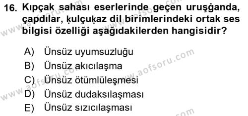 XIV-XV. Yüzyıllar Türk Dili Dersi 2018 - 2019 Yılı Yaz Okulu Sınavı 16. Soru