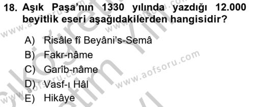 XIV-XV. Yüzyıllar Türk Dili Dersi 2018 - 2019 Yılı Yaz Okulu Sınavı 18. Soru