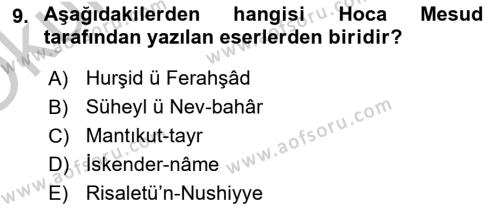 XIV-XV. Yüzyıllar Türk Dili Dersi 2018 - 2019 Yılı Yaz Okulu Sınavı 9. Soru