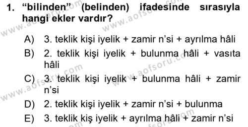 XIV-XV. Yüzyıllar Türk Dili Dersi 2020 - 2021 Yılı Yaz Okulu Sınavı 1. Soru