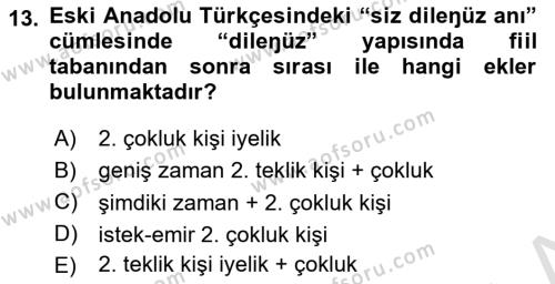 XIV-XV. Yüzyıllar Türk Dili Dersi 2020 - 2021 Yılı Yaz Okulu Sınavı 13. Soru