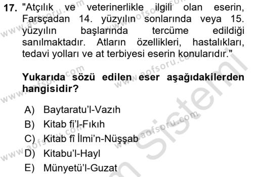 XIV-XV. Yüzyıllar Türk Dili Dersi 2020 - 2021 Yılı Yaz Okulu Sınavı 17. Soru