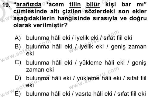 XIV-XV. Yüzyıllar Türk Dili Dersi 2020 - 2021 Yılı Yaz Okulu Sınavı 19. Soru