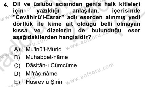 XIV-XV. Yüzyıllar Türk Dili Dersi 2020 - 2021 Yılı Yaz Okulu Sınavı 4. Soru