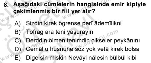 XIV-XV. Yüzyıllar Türk Dili Dersi 2020 - 2021 Yılı Yaz Okulu Sınavı 8. Soru