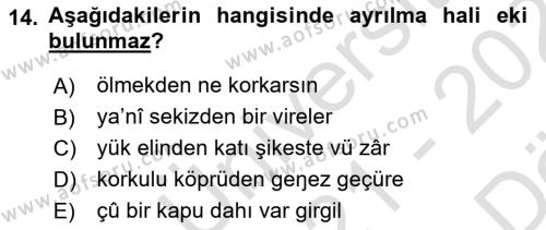 XIV-XV. Yüzyıllar Türk Dili Dersi 2021 - 2022 Yılı (Vize) Ara Sınavı 14. Soru