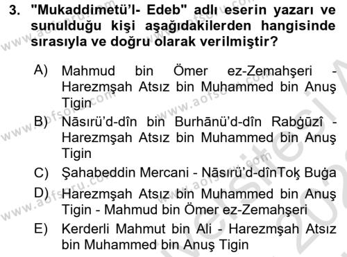 XIV-XV. Yüzyıllar Türk Dili Dersi 2021 - 2022 Yılı (Vize) Ara Sınavı 3. Soru