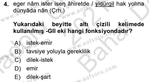 XIV-XV. Yüzyıllar Türk Dili Dersi 2021 - 2022 Yılı (Vize) Ara Sınavı 4. Soru