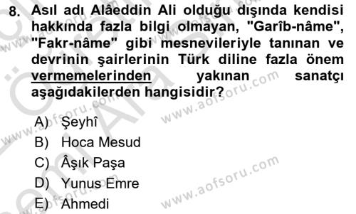 XIV-XV. Yüzyıllar Türk Dili Dersi 2021 - 2022 Yılı (Vize) Ara Sınavı 8. Soru