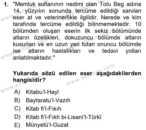 XIV-XV. Yüzyıllar Türk Dili Dersi 2021 - 2022 Yılı (Final) Dönem Sonu Sınavı 1. Soru