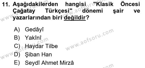 XIV-XV. Yüzyıllar Türk Dili Dersi 2021 - 2022 Yılı (Final) Dönem Sonu Sınavı 11. Soru