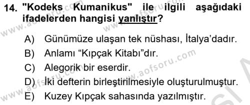 XIV-XV. Yüzyıllar Türk Dili Dersi 2021 - 2022 Yılı (Final) Dönem Sonu Sınavı 14. Soru