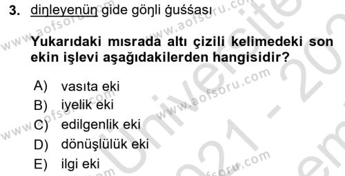 XIV-XV. Yüzyıllar Türk Dili Dersi 2021 - 2022 Yılı (Final) Dönem Sonu Sınavı 3. Soru