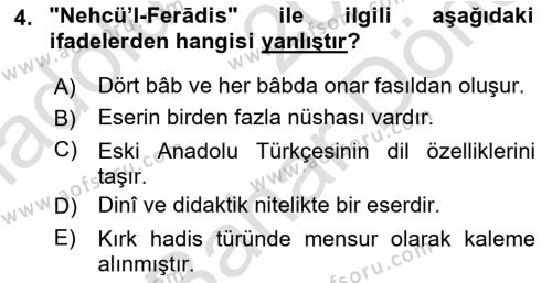 XIV-XV. Yüzyıllar Türk Dili Dersi 2021 - 2022 Yılı (Final) Dönem Sonu Sınavı 4. Soru