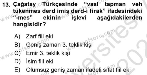 XIV-XV. Yüzyıllar Türk Dili Dersi 2021 - 2022 Yılı Yaz Okulu Sınavı 13. Soru