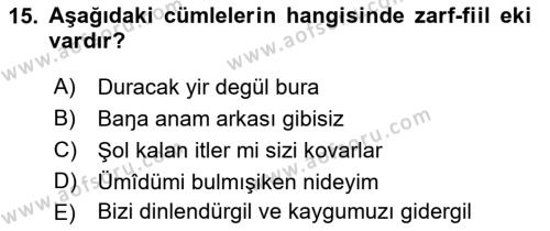 XIV-XV. Yüzyıllar Türk Dili Dersi 2021 - 2022 Yılı Yaz Okulu Sınavı 15. Soru