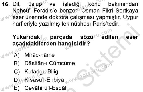 XIV-XV. Yüzyıllar Türk Dili Dersi 2021 - 2022 Yılı Yaz Okulu Sınavı 16. Soru