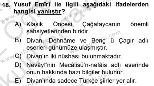 XIV-XV. Yüzyıllar Türk Dili Dersi 2021 - 2022 Yılı Yaz Okulu Sınavı 18. Soru