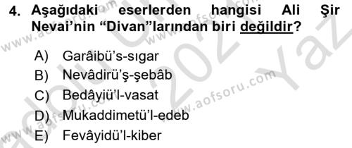 XIV-XV. Yüzyıllar Türk Dili Dersi 2021 - 2022 Yılı Yaz Okulu Sınavı 4. Soru