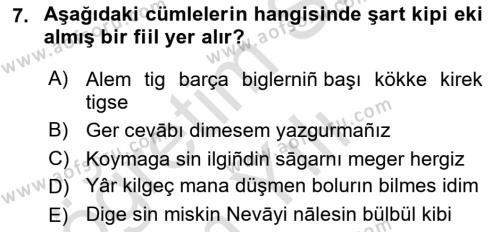 XIV-XV. Yüzyıllar Türk Dili Dersi 2021 - 2022 Yılı Yaz Okulu Sınavı 7. Soru