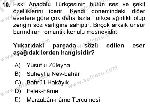 XIV-XV. Yüzyıllar Türk Dili Dersi 2022 - 2023 Yılı Yaz Okulu Sınavı 10. Soru