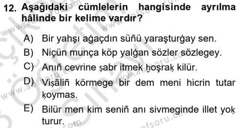 XIV-XV. Yüzyıllar Türk Dili Dersi 2022 - 2023 Yılı Yaz Okulu Sınavı 12. Soru