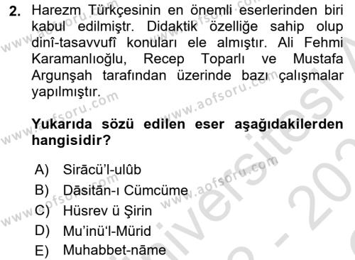 XIV-XV. Yüzyıllar Türk Dili Dersi 2022 - 2023 Yılı Yaz Okulu Sınavı 2. Soru