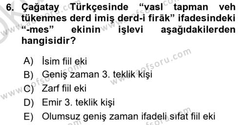 XIV-XV. Yüzyıllar Türk Dili Dersi 2022 - 2023 Yılı Yaz Okulu Sınavı 6. Soru