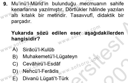 XIV-XV. Yüzyıllar Türk Dili Dersi 2022 - 2023 Yılı Yaz Okulu Sınavı 9. Soru