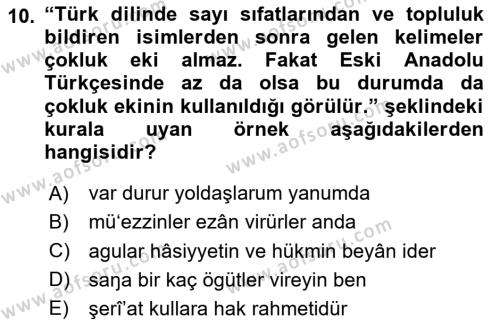 XIV-XV. Yüzyıllar Türk Dili Dersi 2023 - 2024 Yılı (Vize) Ara Sınavı 10. Soru