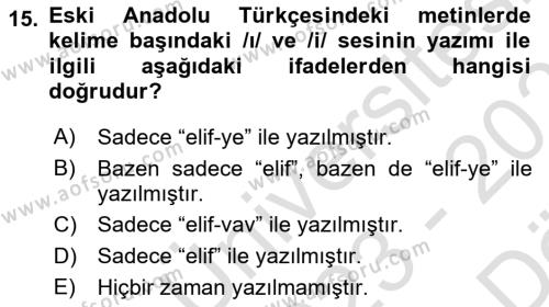 XIV-XV. Yüzyıllar Türk Dili Dersi 2023 - 2024 Yılı (Vize) Ara Sınavı 15. Soru