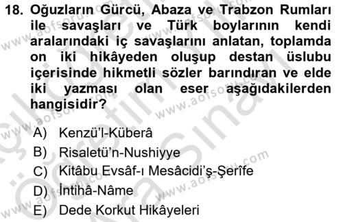 XIV-XV. Yüzyıllar Türk Dili Dersi 2023 - 2024 Yılı (Vize) Ara Sınavı 18. Soru