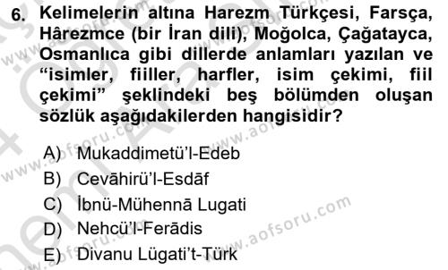 XIV-XV. Yüzyıllar Türk Dili Dersi 2023 - 2024 Yılı (Vize) Ara Sınavı 6. Soru