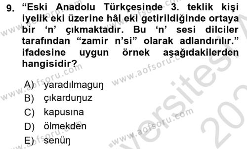 XIV-XV. Yüzyıllar Türk Dili Dersi 2023 - 2024 Yılı (Vize) Ara Sınavı 9. Soru