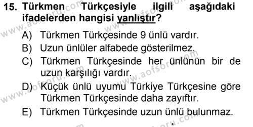 Çağdaş Türk Yazı Dilleri 1 Dersi 2014 - 2015 Yılı Tek Ders Sınavı 15. Soru