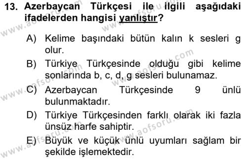 Çağdaş Türk Yazı Dilleri 1 Dersi 2015 - 2016 Yılı (Vize) Ara Sınavı 13. Soru