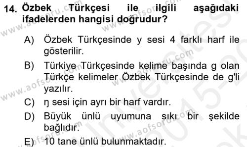 Çağdaş Türk Yazı Dilleri 1 Dersi 2015 - 2016 Yılı Tek Ders Sınavı 14. Soru