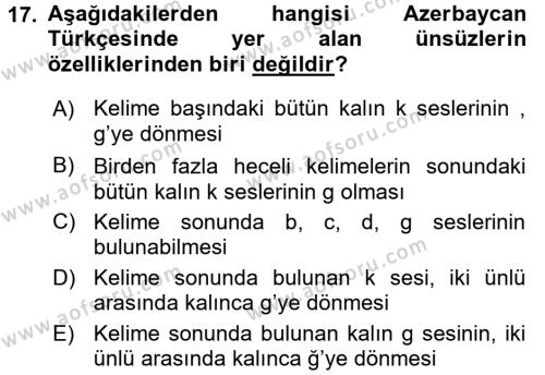Çağdaş Türk Yazı Dilleri 1 Dersi 2016 - 2017 Yılı (Vize) Ara Sınavı 17. Soru