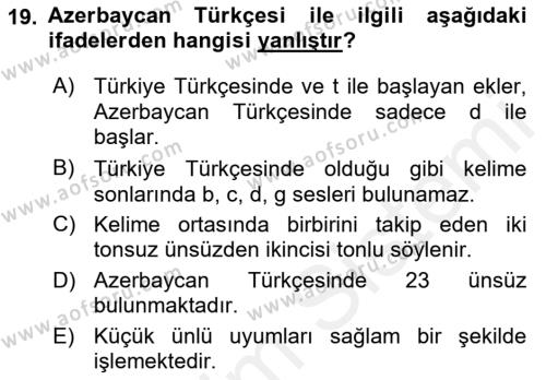 Çağdaş Türk Yazı Dilleri 1 Dersi 2018 - 2019 Yılı (Vize) Ara Sınavı 19. Soru