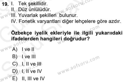 Çağdaş Türk Yazı Dilleri 1 Dersi 2018 - 2019 Yılı (Final) Dönem Sonu Sınavı 19. Soru