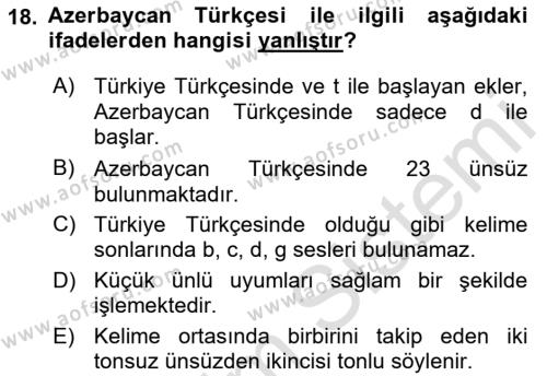 Çağdaş Türk Yazı Dilleri 1 Dersi 2019 - 2020 Yılı (Vize) Ara Sınavı 18. Soru