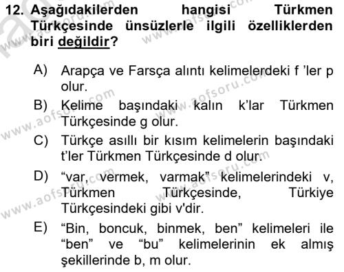 Çağdaş Türk Yazı Dilleri 1 Dersi 2022 - 2023 Yılı Yaz Okulu Sınavı 12. Soru