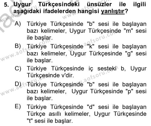 Çağdaş Türk Yazı Dilleri 2 Dersi 2016 - 2017 Yılı (Vize) Ara Sınavı 5. Soru